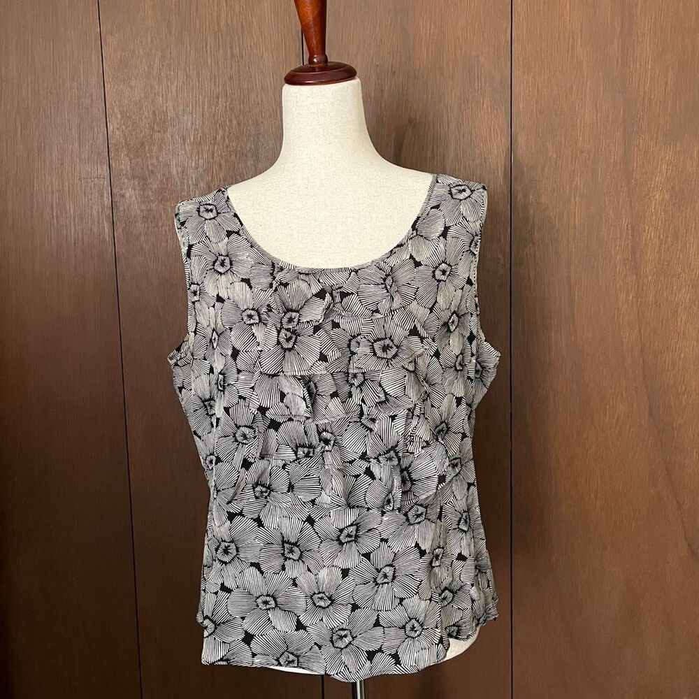 Women's Black and White Floral Ruffle Silk Blouse